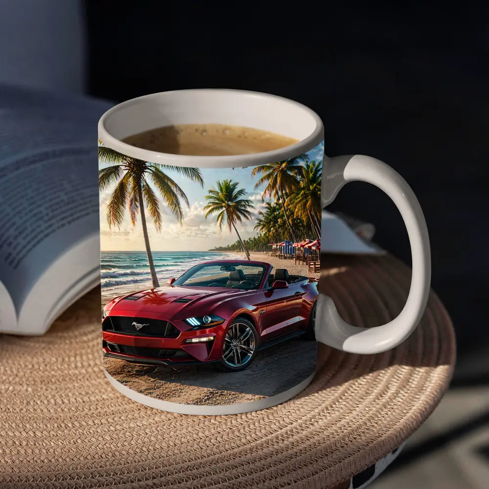 Red Ford Mustang Convertible Beach Palm Trees – Mugs