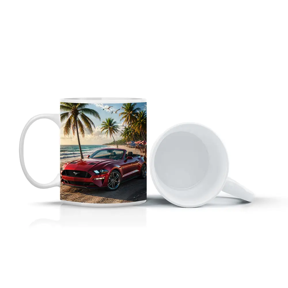 Red Ford Mustang Convertible Beach Palm Trees – Mugs