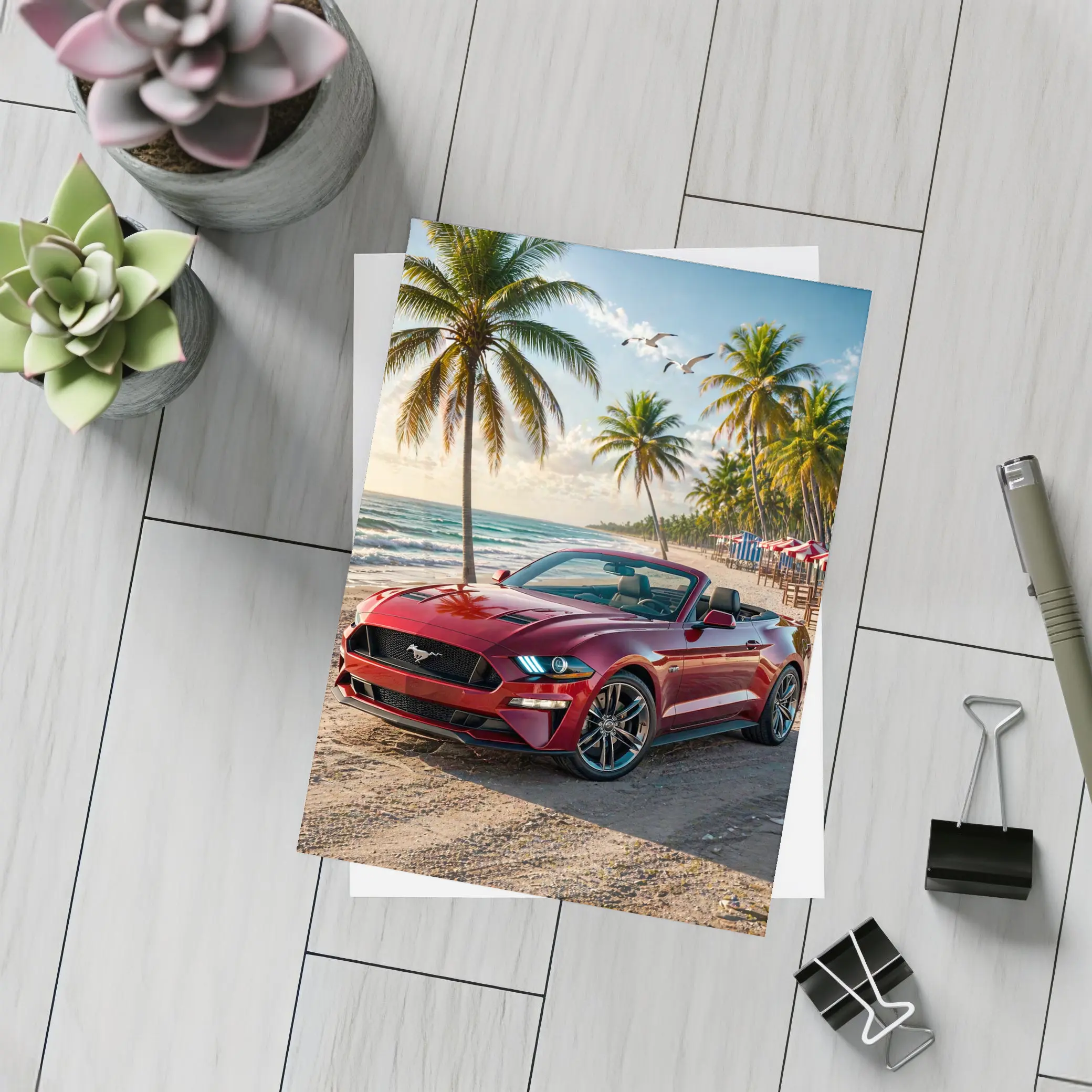 Red Ford Mustang Convertible Beach Palm Trees – Postcards