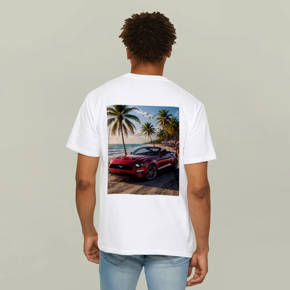 Red Ford Mustang Convertible Beach Palm Trees – T-Shirts