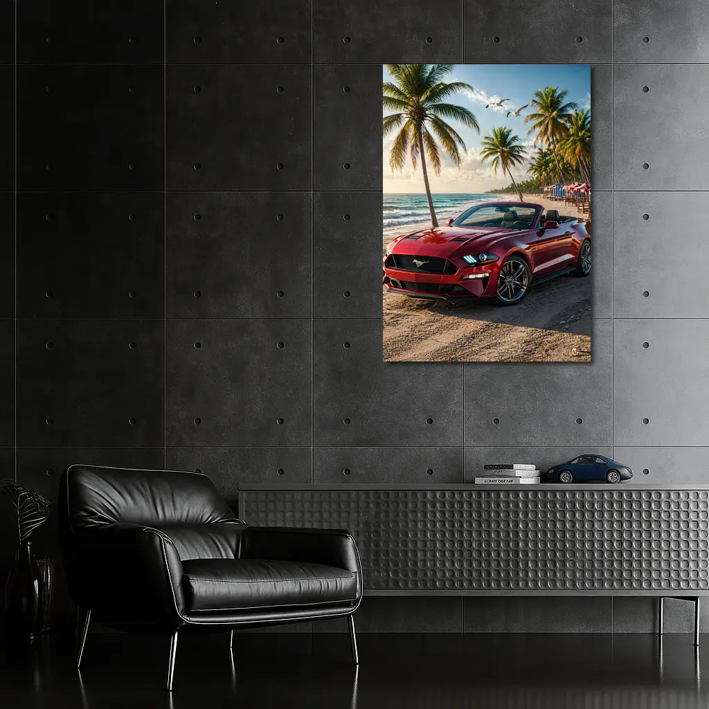 Red Ford Mustang Convertible Beach Palm Trees – Wall Art