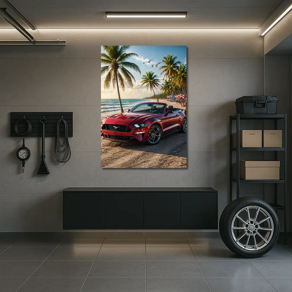 Red Ford Mustang Convertible Beach Palm Trees – Wall Art