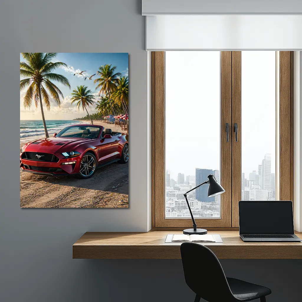 Red Ford Mustang Convertible Beach Palm Trees – Wall Art