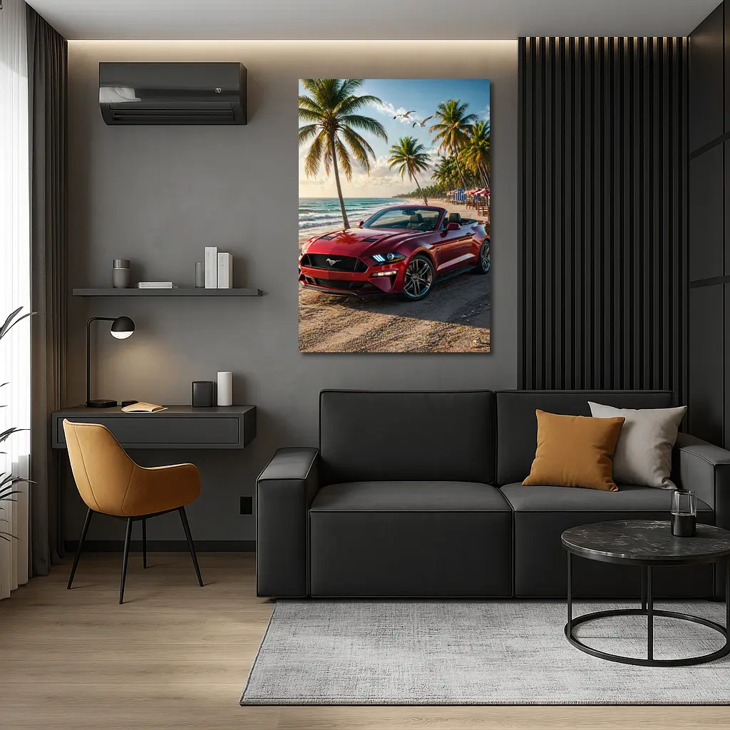 Red Ford Mustang Convertible Beach Palm Trees – Wall Art