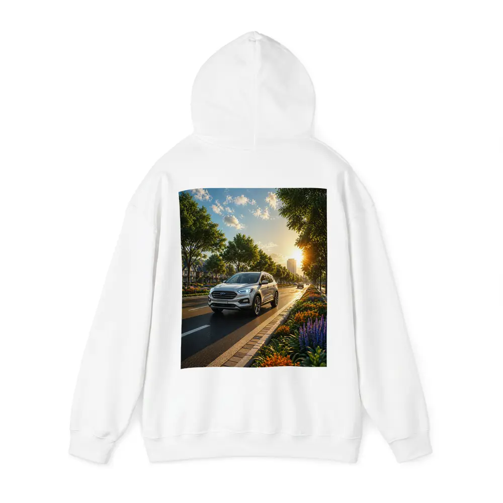 Ford SUV Driving Sunny Tree Lined Avenue – Hoodies