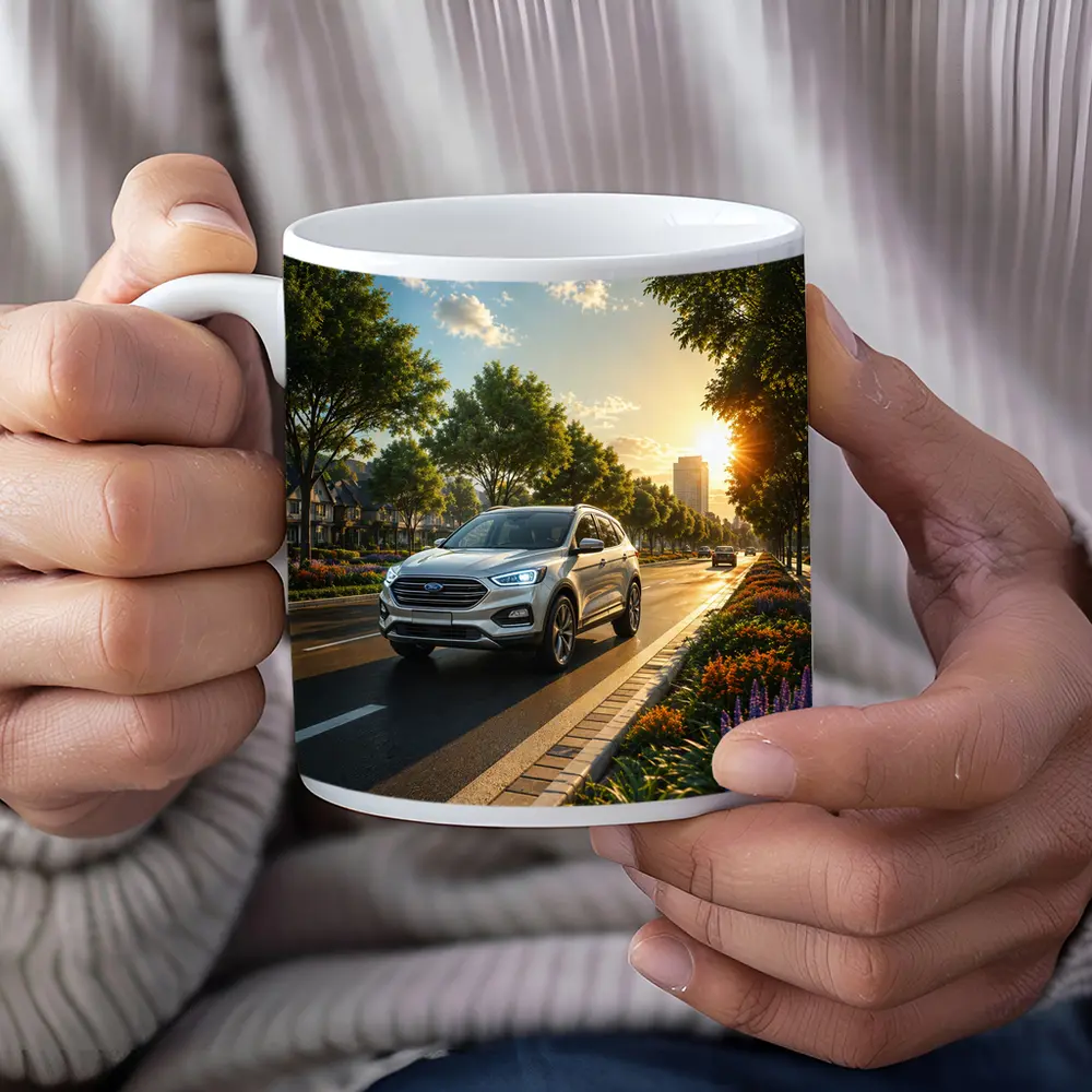 Ford SUV Driving Sunny Tree Lined Avenue – Mugs