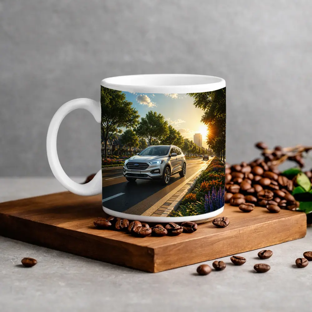 Ford SUV Driving Sunny Tree Lined Avenue – Mugs