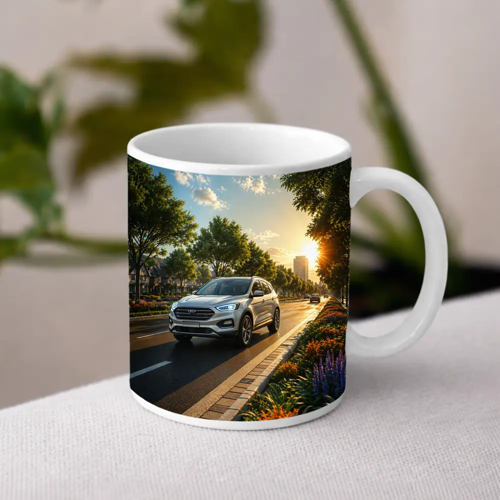 Ford SUV Driving Sunny Tree Lined Avenue – Mugs
