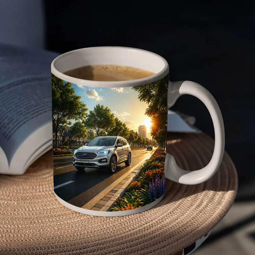 Ford SUV Driving Sunny Tree Lined Avenue – Mugs