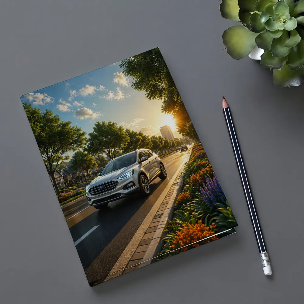 Ford SUV Driving Sunny Tree Lined Avenue – Notebooks