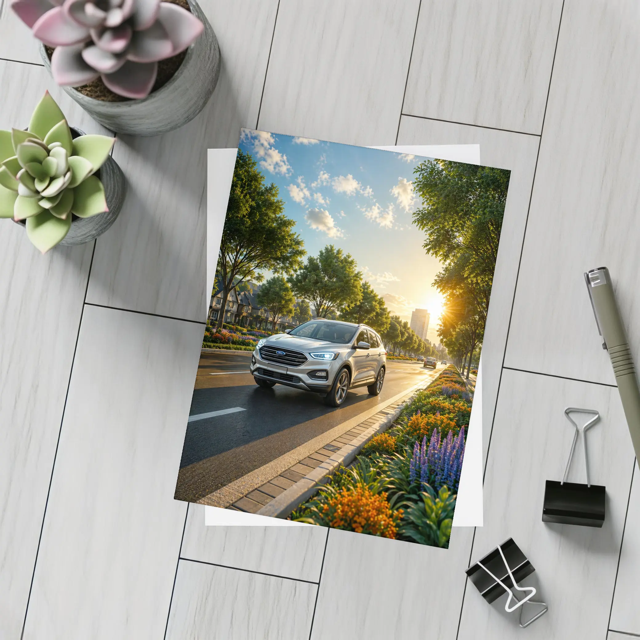 Ford SUV Driving Sunny Tree Lined Avenue – Postcards