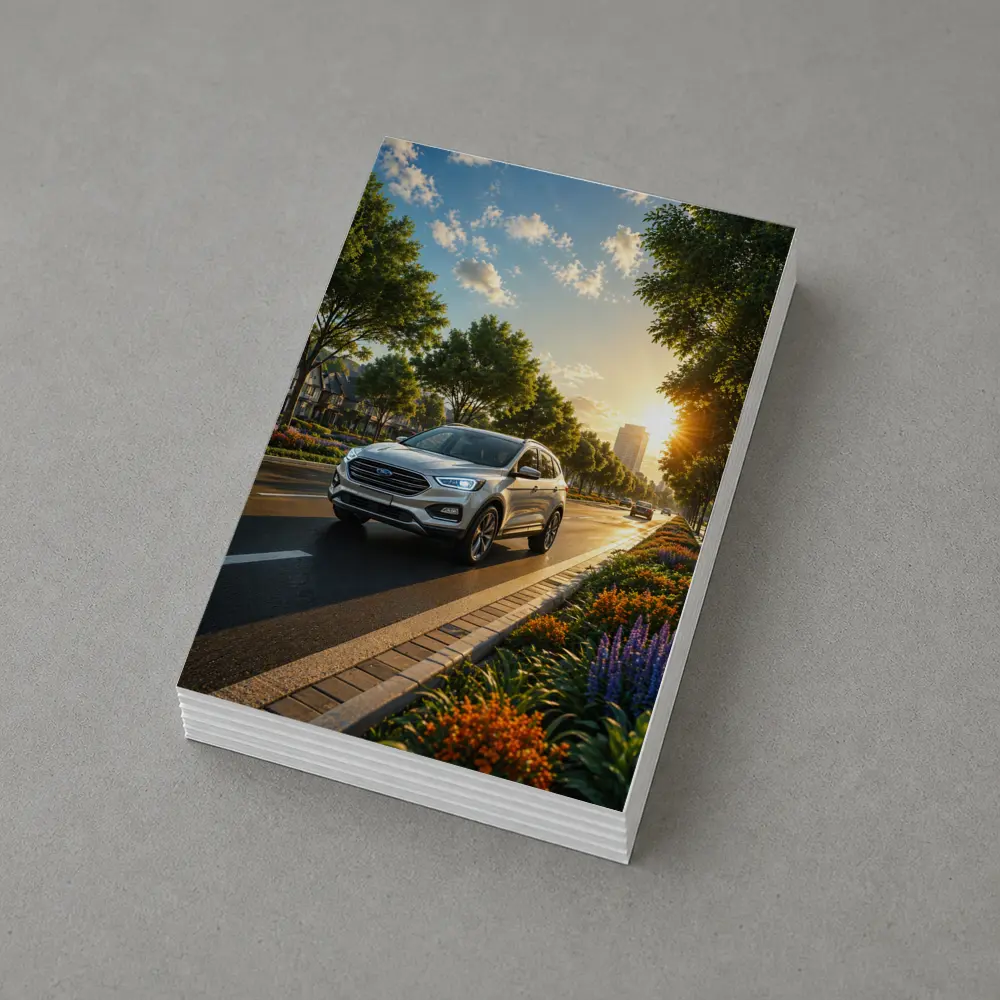 Ford SUV Driving Sunny Tree Lined Avenue – Postcards