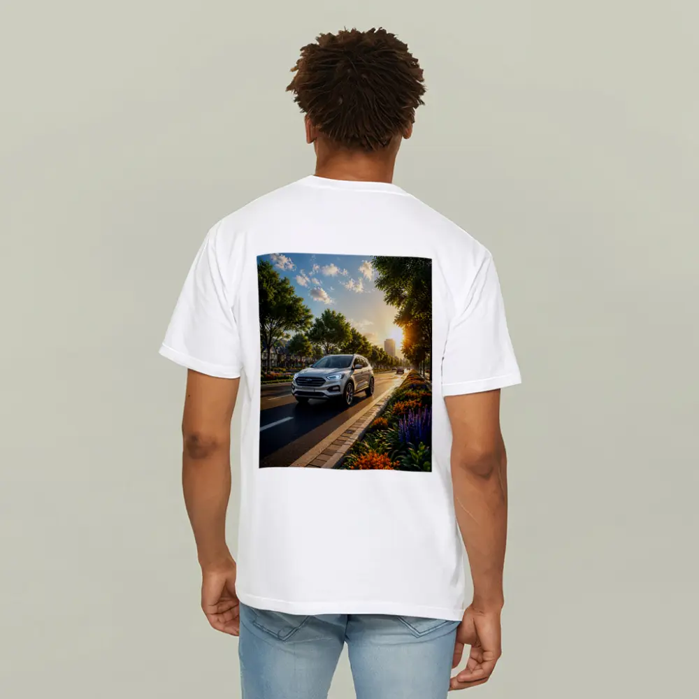 Ford SUV Driving Sunny Tree Lined Avenue – T-Shirts