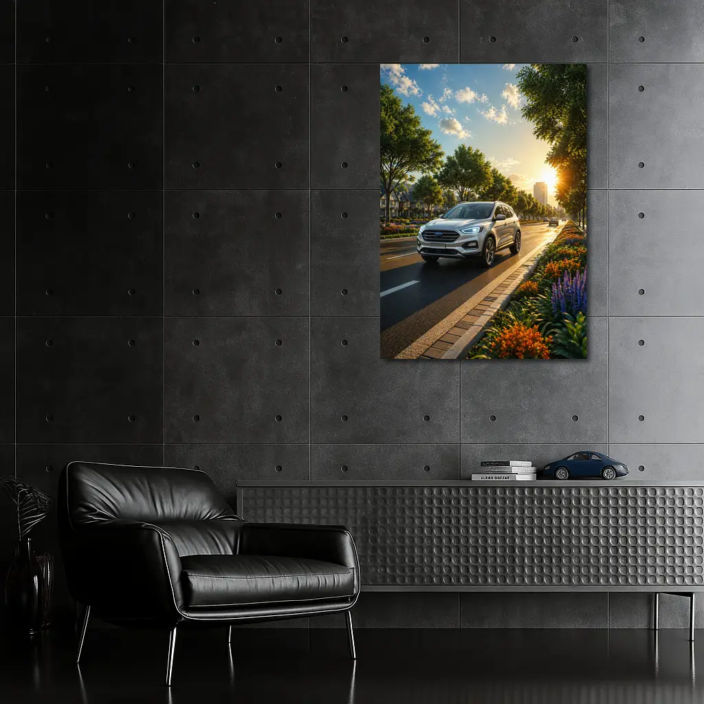 Ford SUV Driving Sunny Tree Lined Avenue – Wall Art