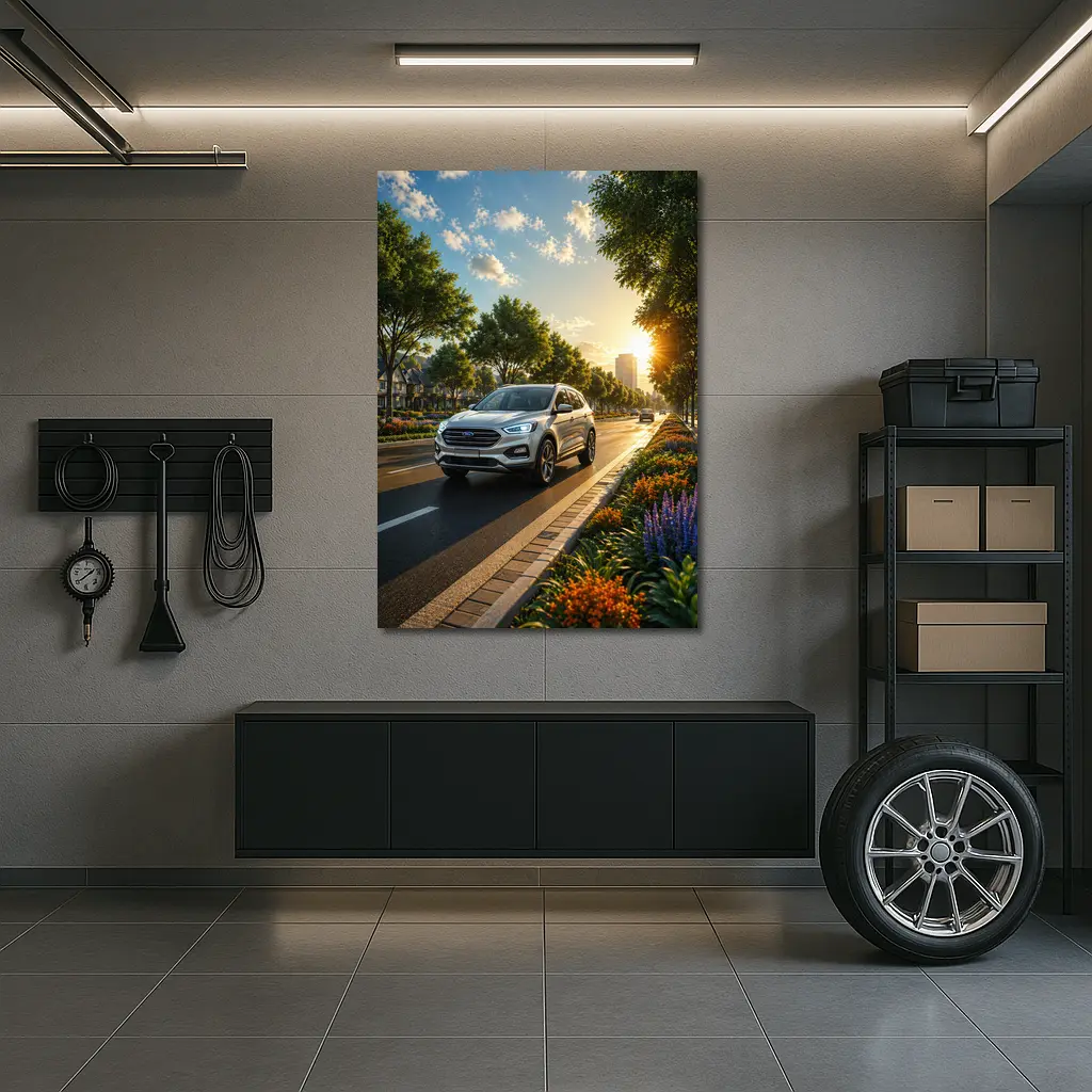 Ford SUV Driving Sunny Tree Lined Avenue – Wall Art