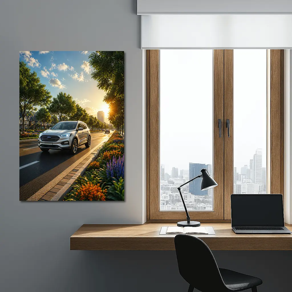 Ford SUV Driving Sunny Tree Lined Avenue – Wall Art