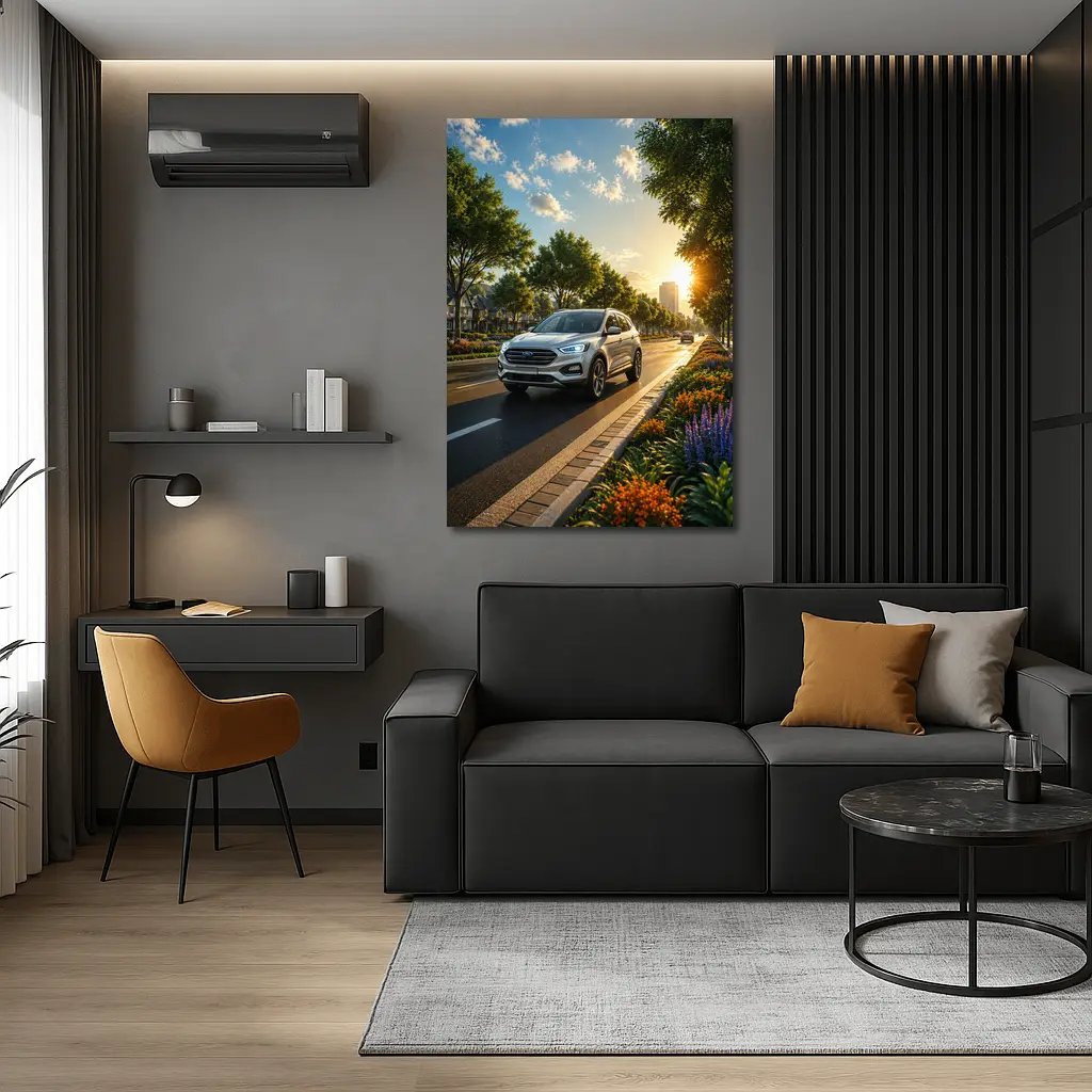 Ford SUV Driving Sunny Tree Lined Avenue – Wall Art