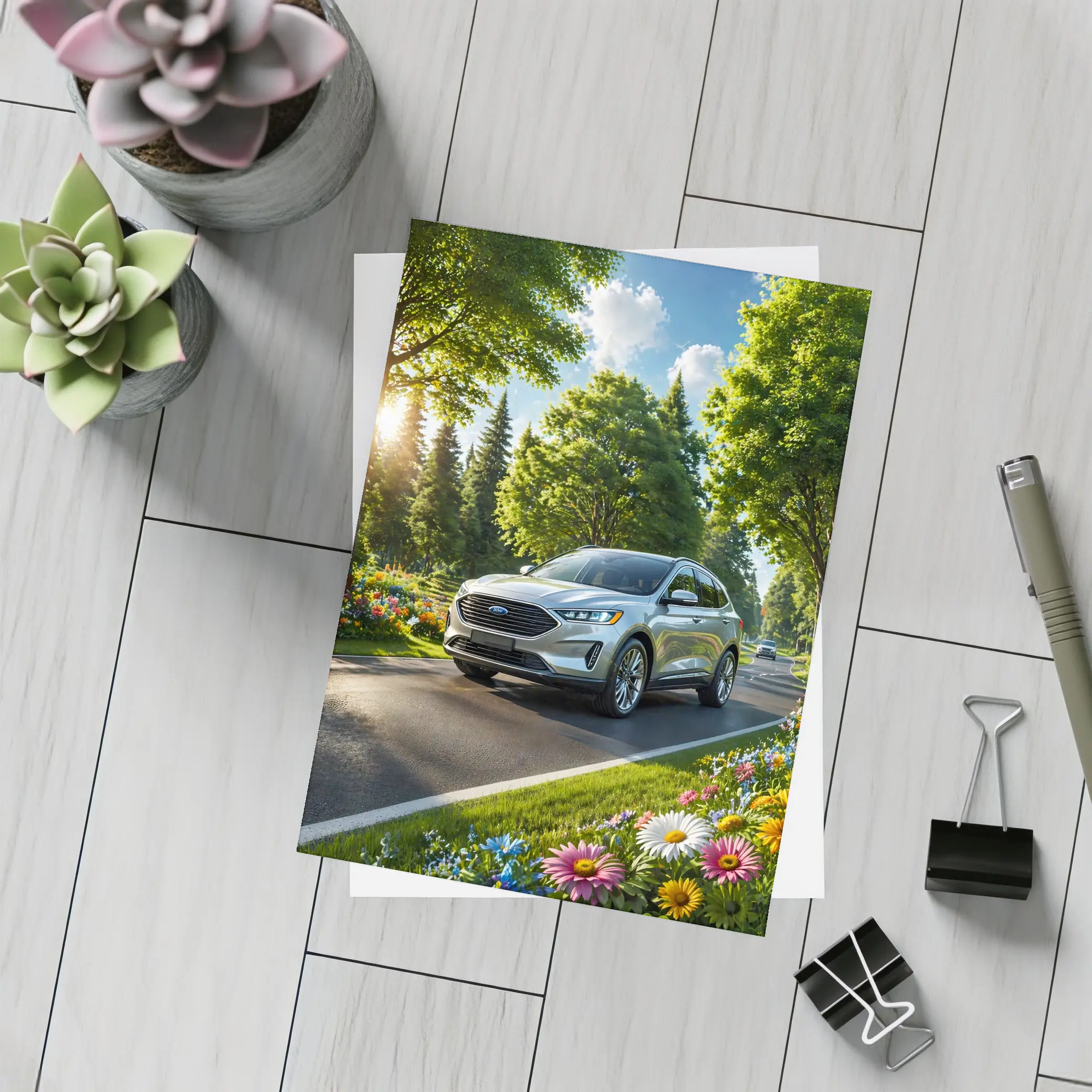 Ford Edge SUV Sunny Tree Lined Road – Postcards