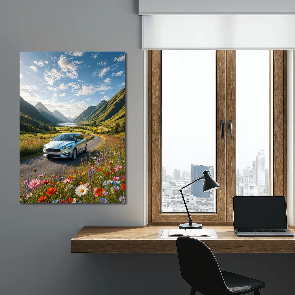 Ford Focus Silver Car Mountain Valley Road – Wall Art
