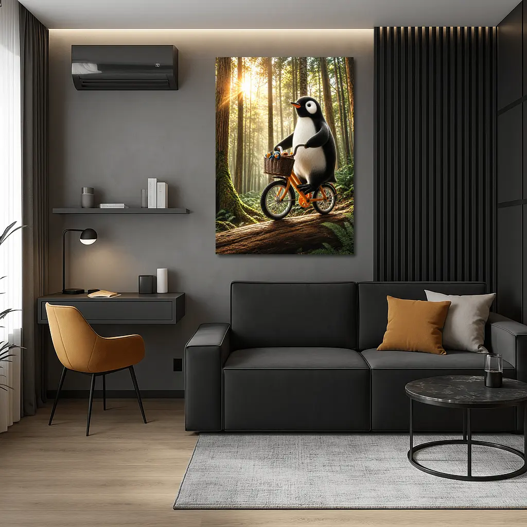Penguin Riding Bike Through Sunny Forest – Wall Art