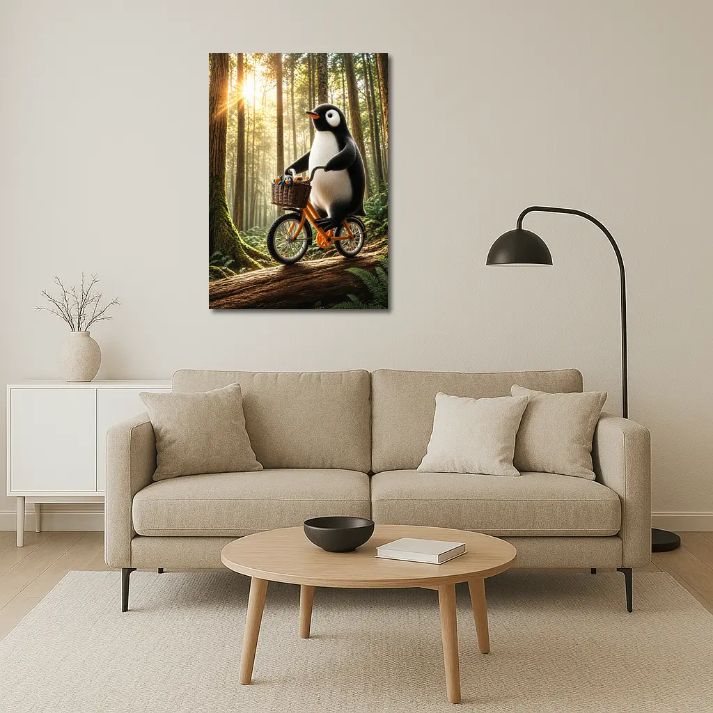Penguin Riding Bike Through Sunny Forest – Wall Art