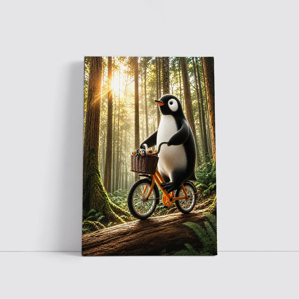 Penguin Riding Bike Through Sunny Forest – Wall Art