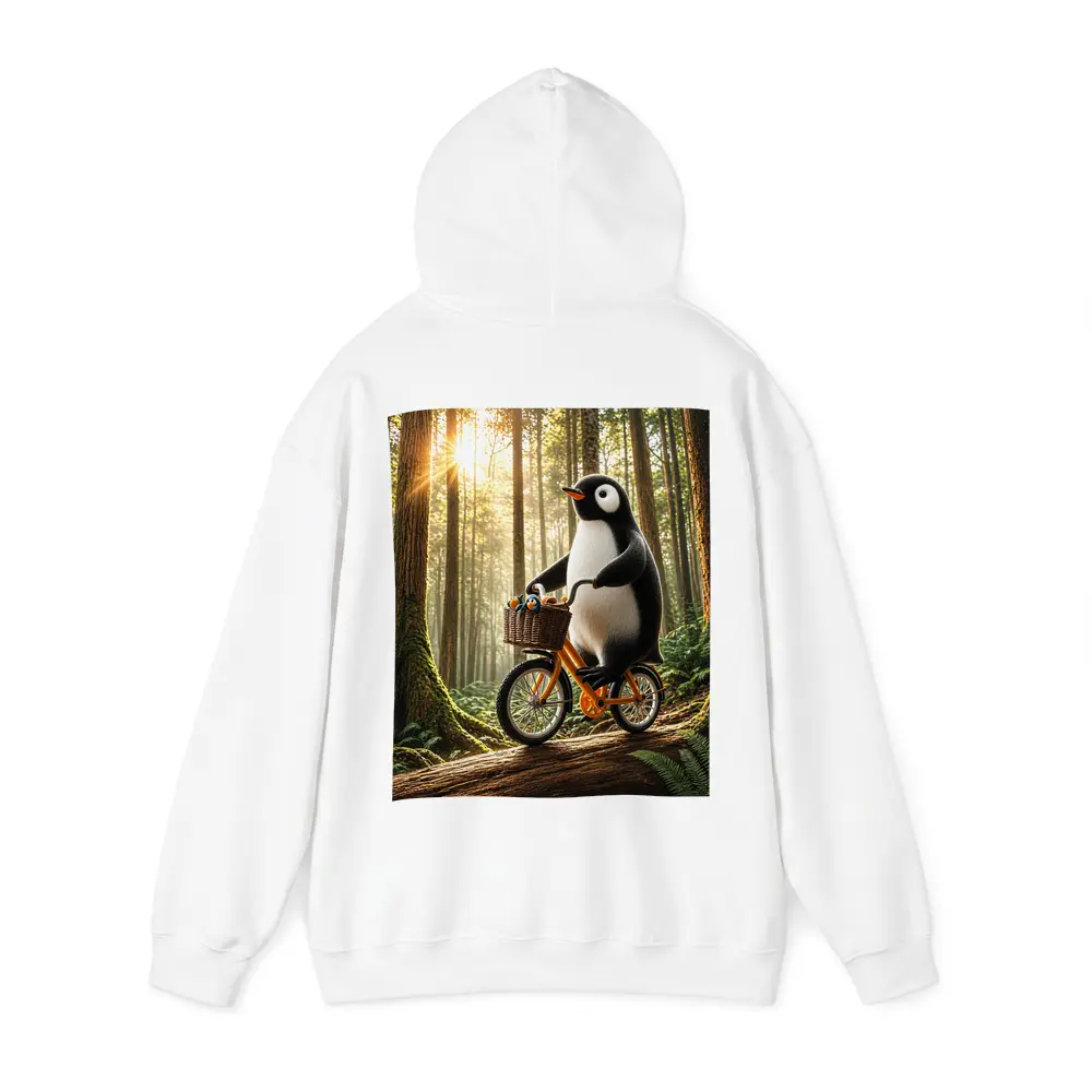 Penguin Riding Bike Through Sunny Forest – Hoodies