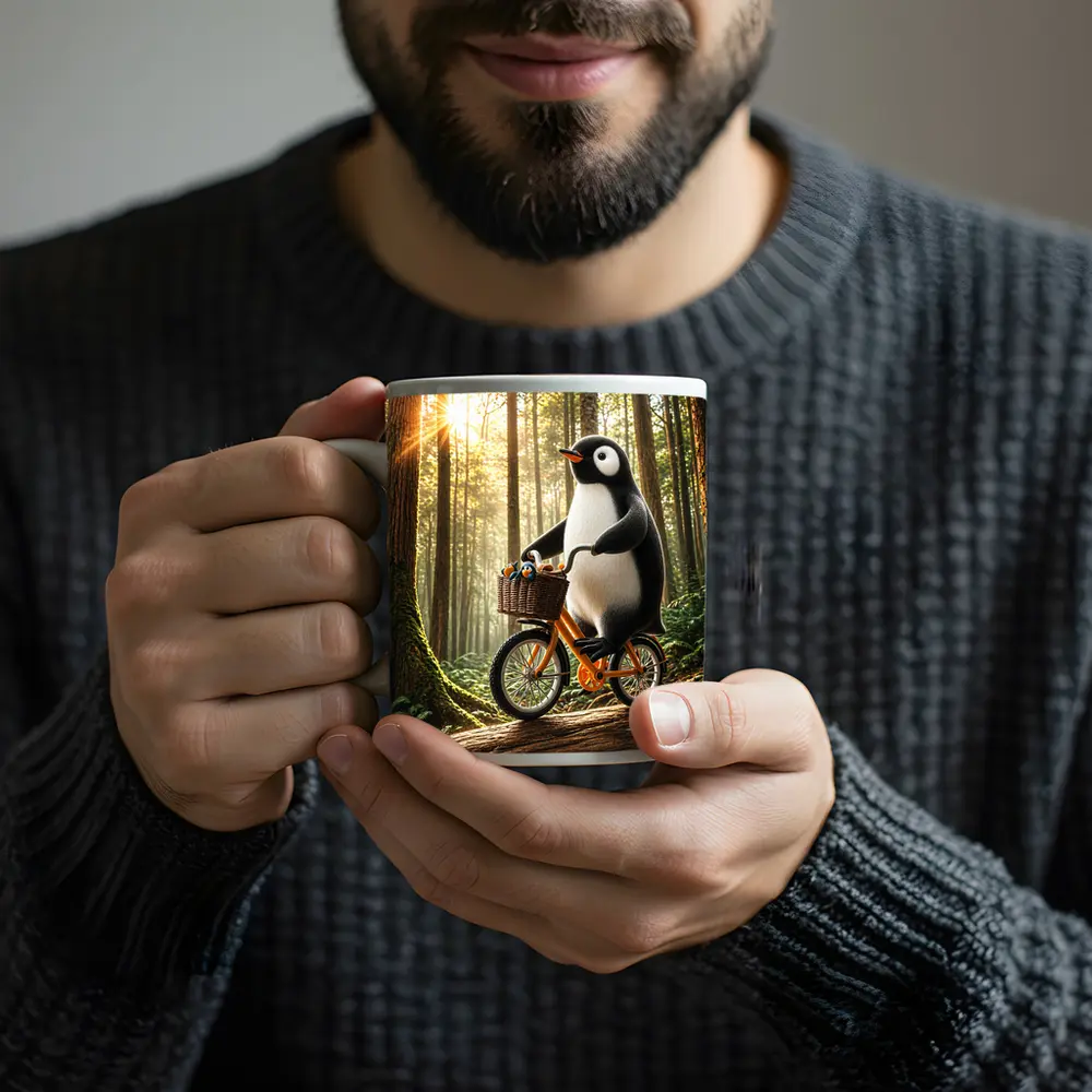 Penguin Riding Bike Through Sunny Forest – Mugs