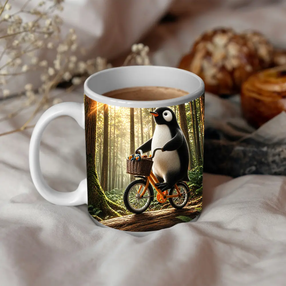 Penguin Riding Bike Through Sunny Forest – Mugs