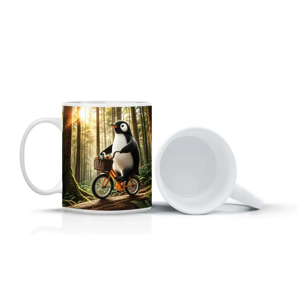 Penguin Riding Bike Through Sunny Forest – Mugs