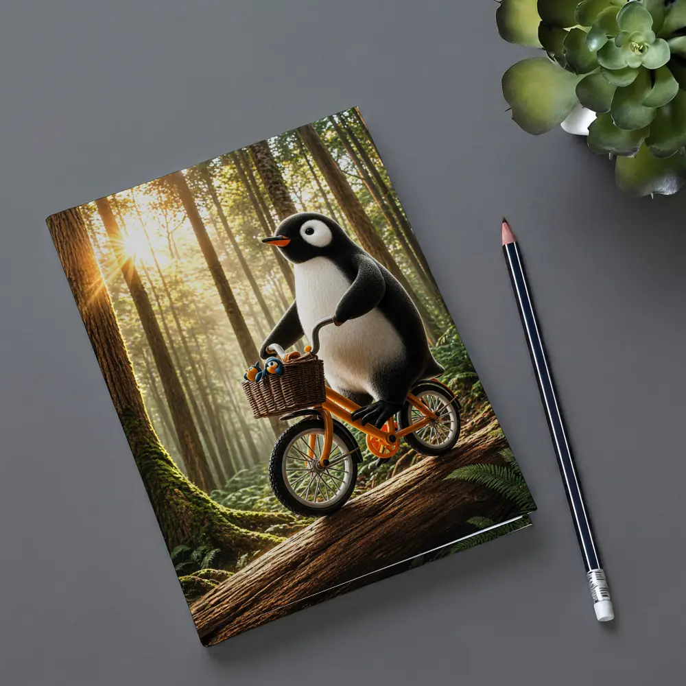 Penguin Riding Bike Through Sunny Forest – Notebooks