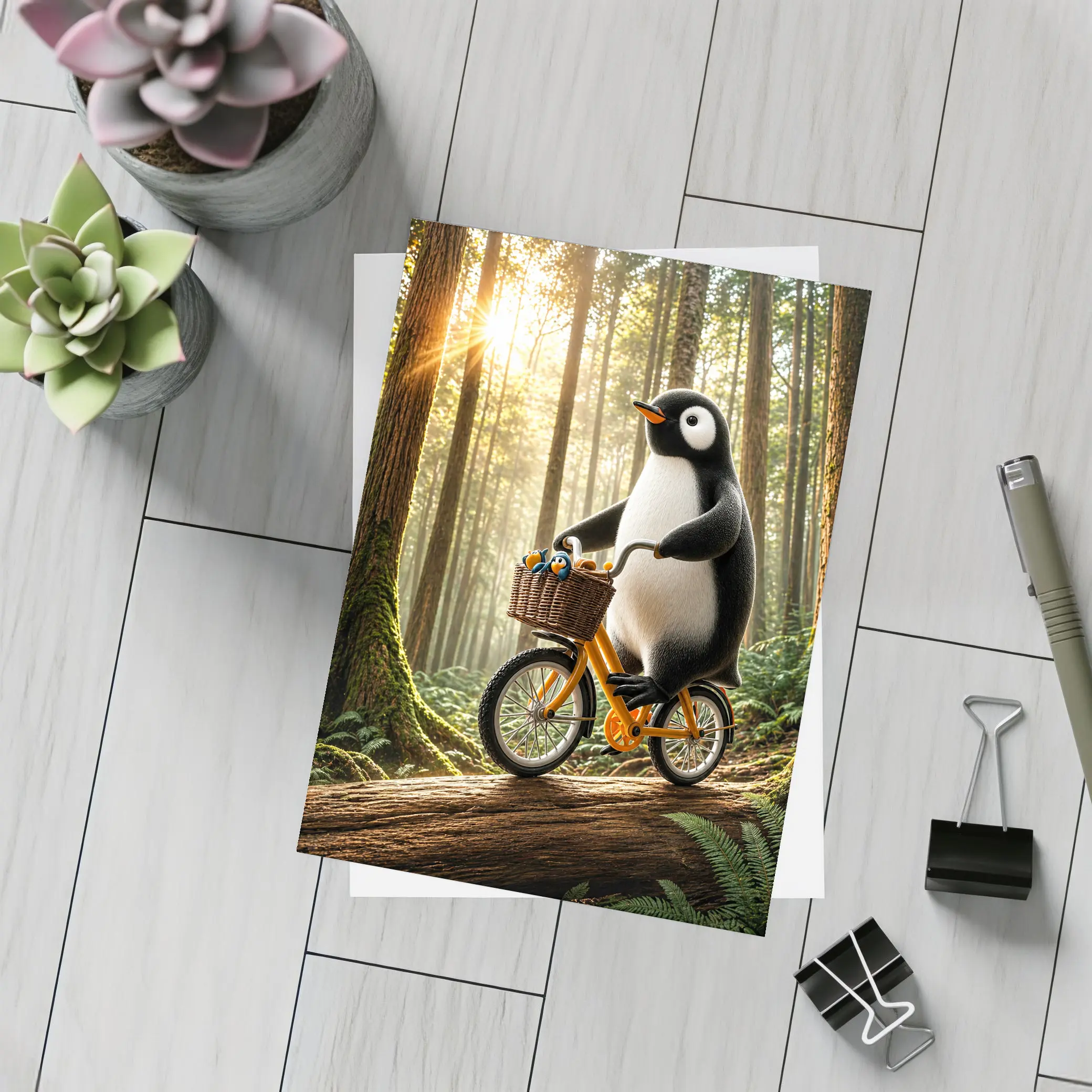 Penguin Riding Bike Through Sunny Forest – Postcards