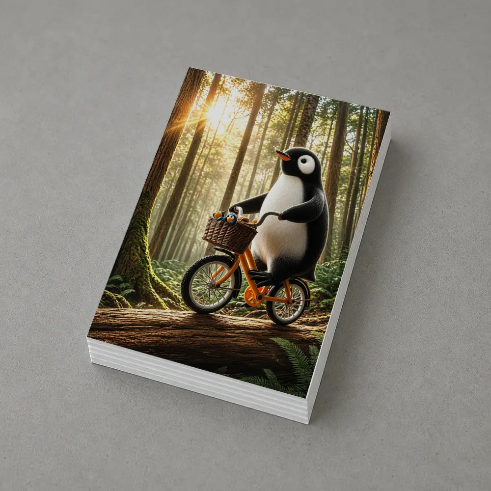 Penguin Riding Bike Through Sunny Forest – Postcards