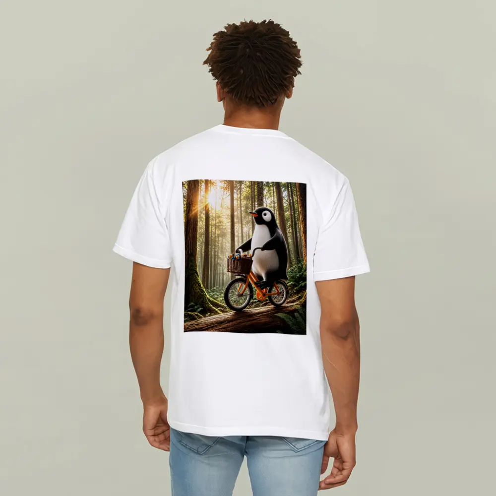 Penguin Riding Bike Through Sunny Forest – T-Shirts