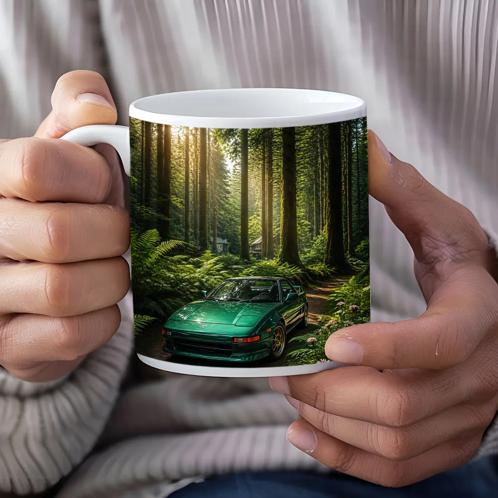 Toyota MR2 Parked In Sunlit Forest – Mugs