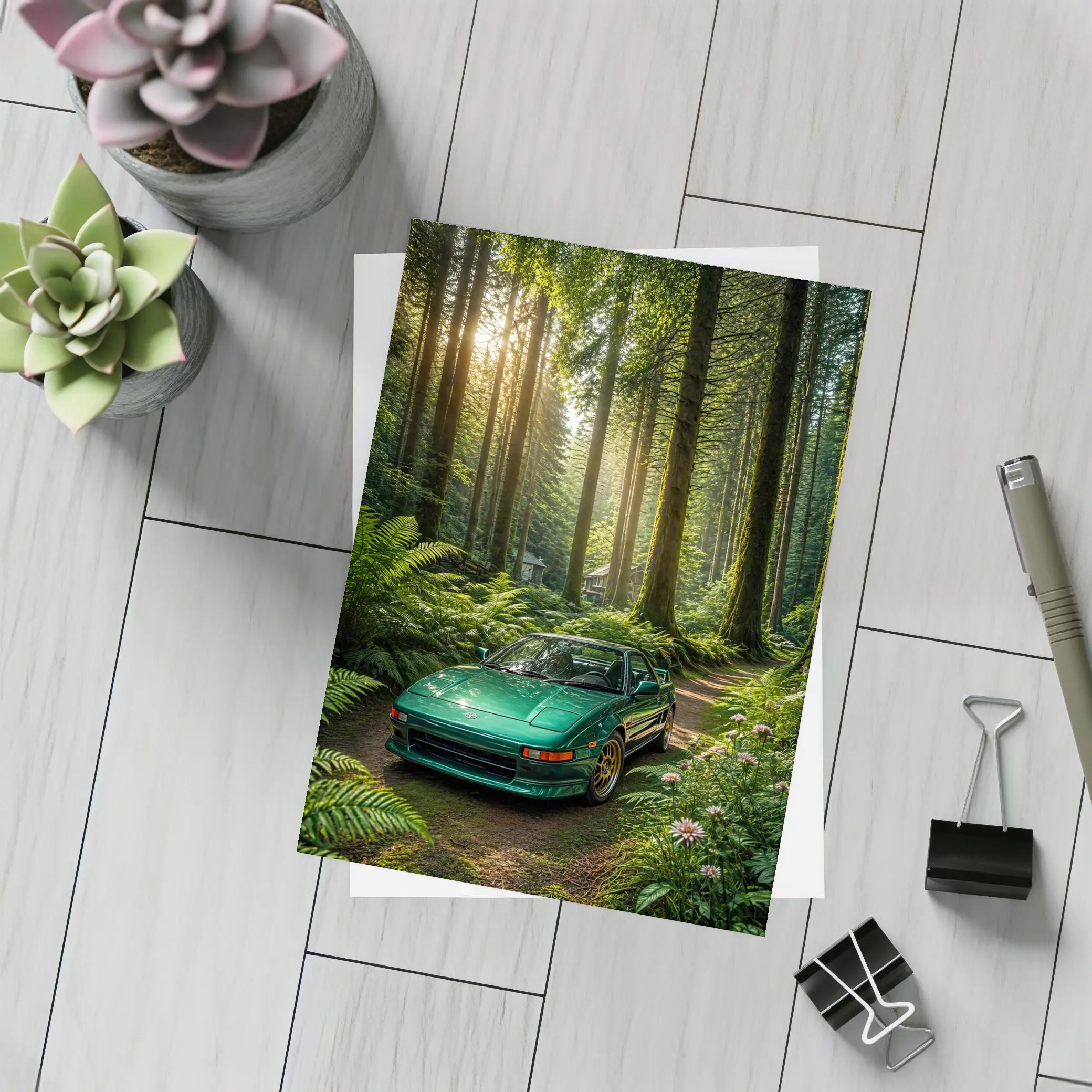 Toyota MR2 Parked In Sunlit Forest – Postcards