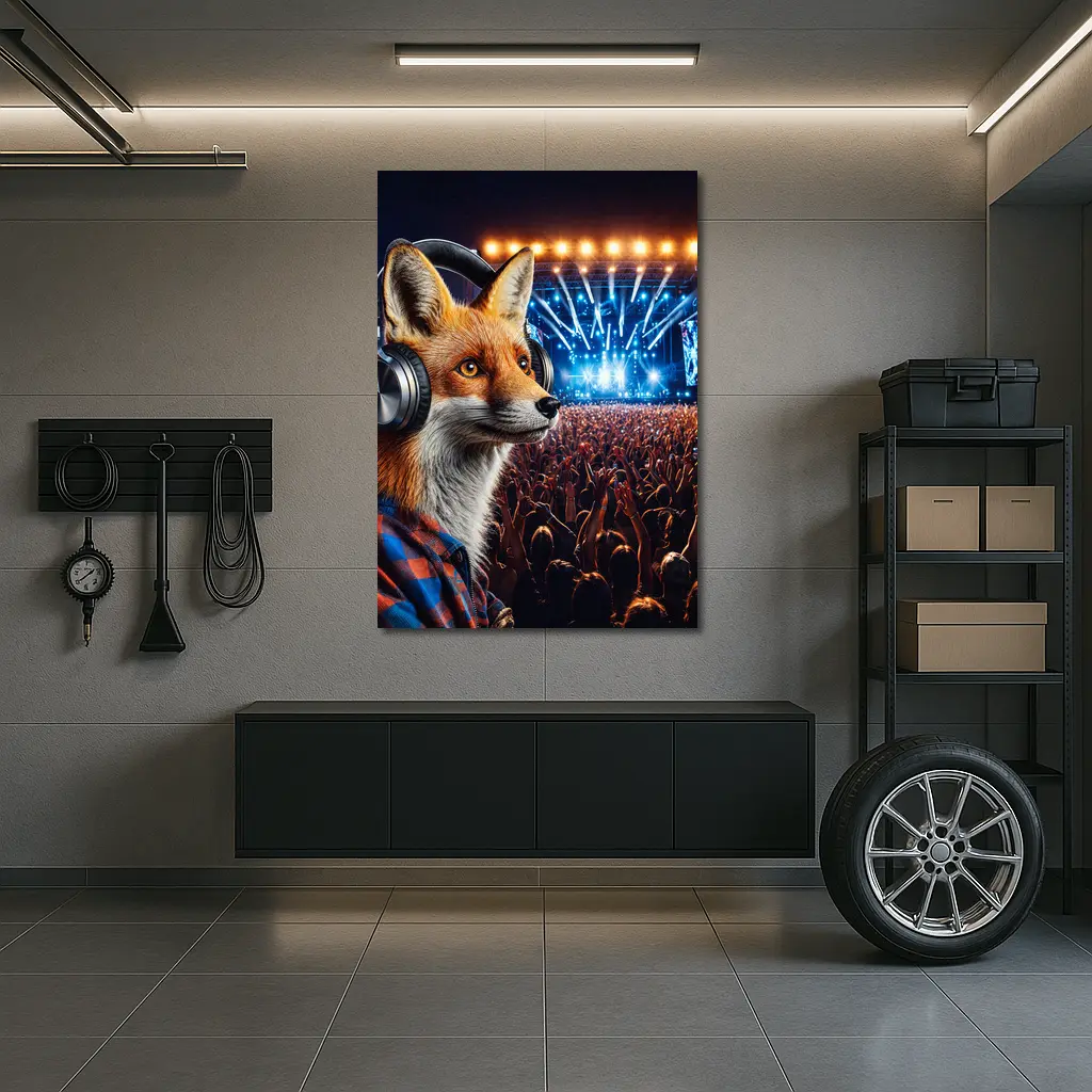 Fox With Headphones At Music Festival – Wall Art