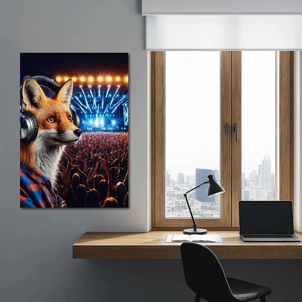Fox With Headphones At Music Festival – Wall Art