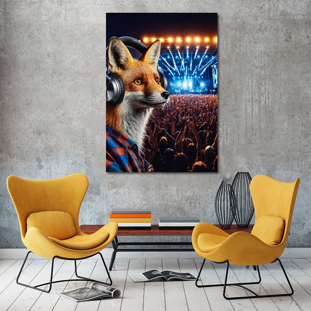 Fox With Headphones At Music Festival – Wall Art