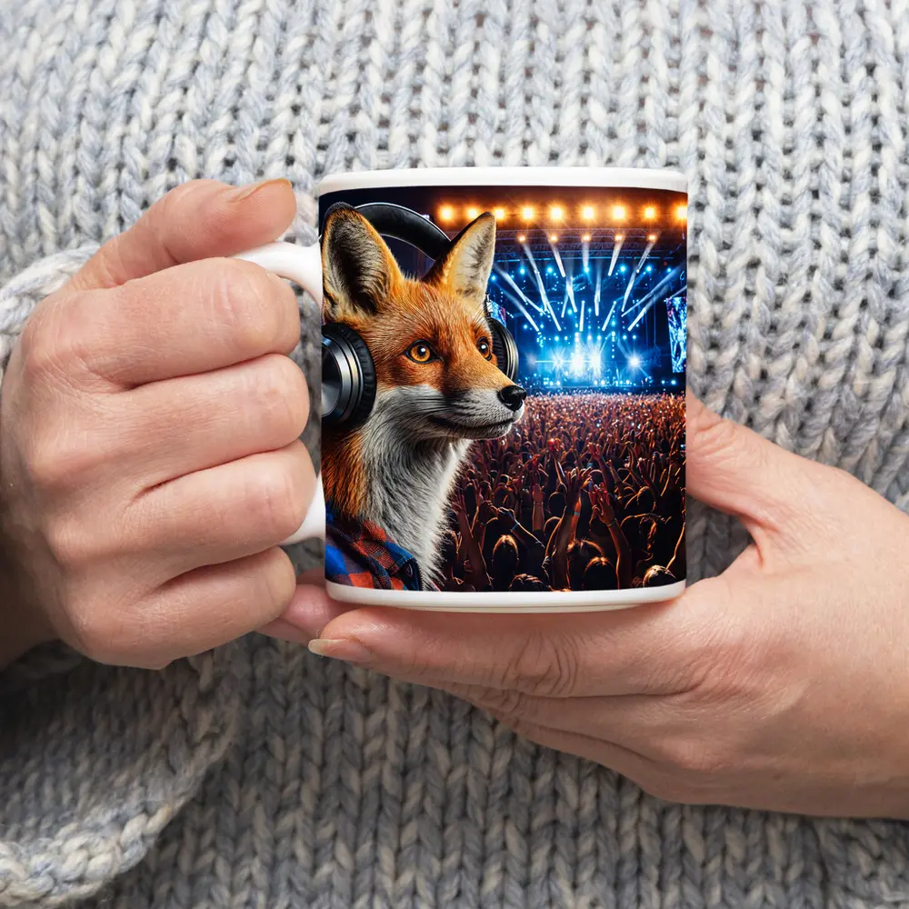 Fox With Headphones At Music Festival – Mugs