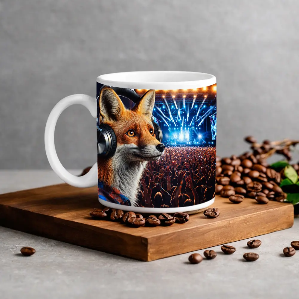 Fox With Headphones At Music Festival – Mugs