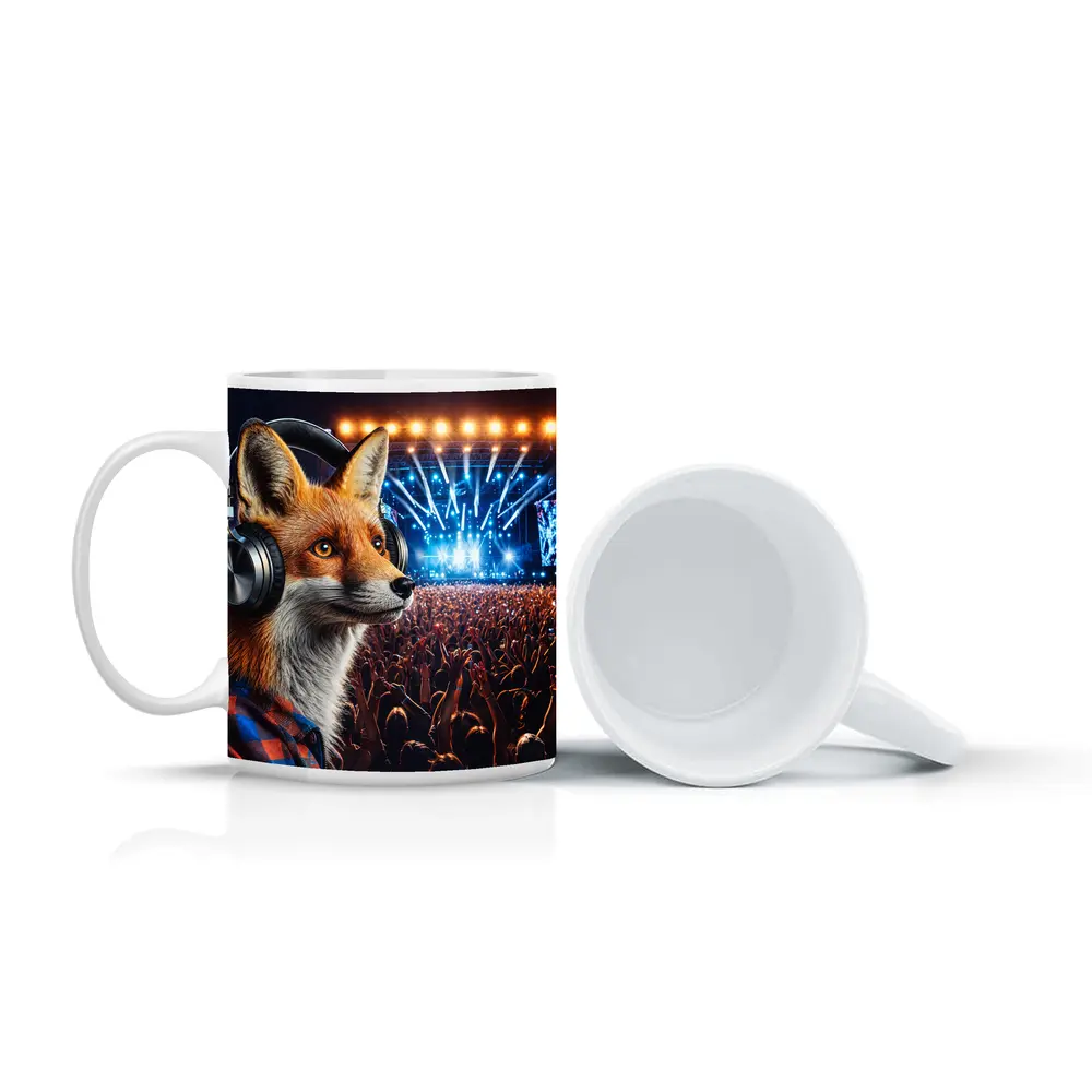 Fox With Headphones At Music Festival – Mugs
