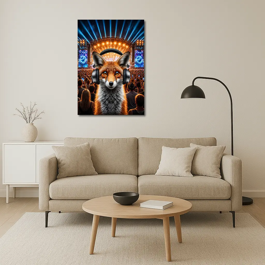 Red Fox With Headphones At Music Festival – Wall Art