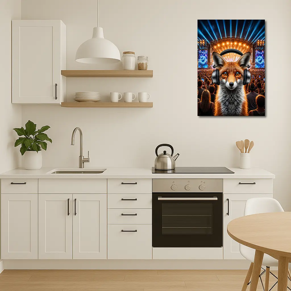 Red Fox With Headphones At Music Festival – Wall Art
