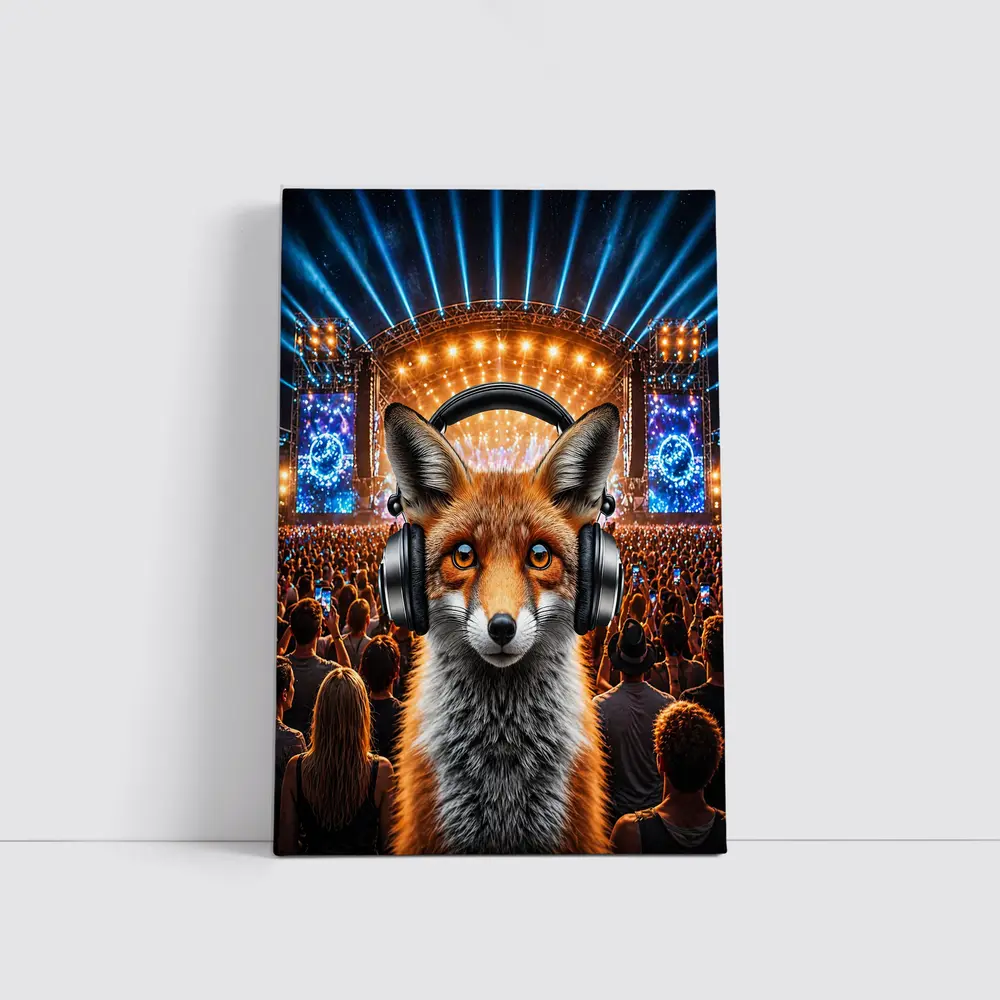 Red Fox With Headphones At Music Festival – Wall Art