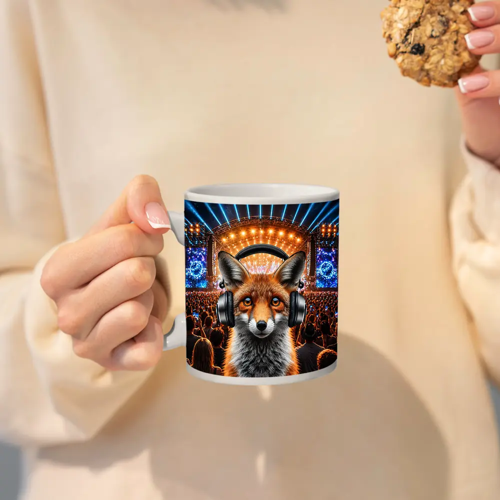 Red Fox With Headphones At Music Festival – Mugs