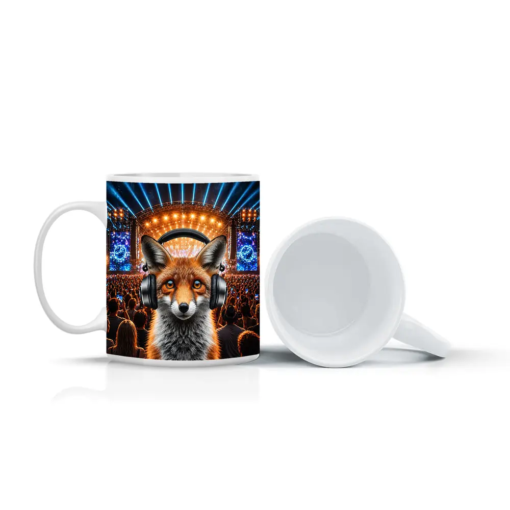 Red Fox With Headphones At Music Festival – Mugs