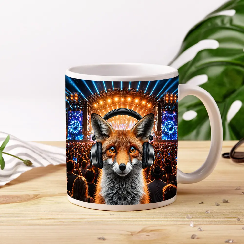 Red Fox With Headphones At Music Festival – Mugs