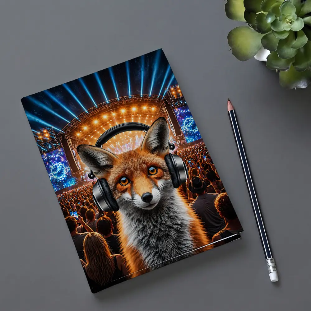 Red Fox With Headphones At Music Festival – Notebooks