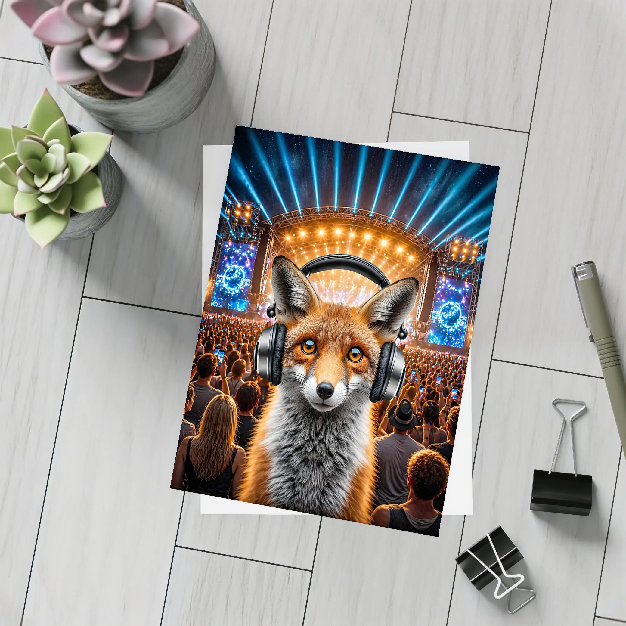 Red Fox With Headphones At Music Festival – Postcards